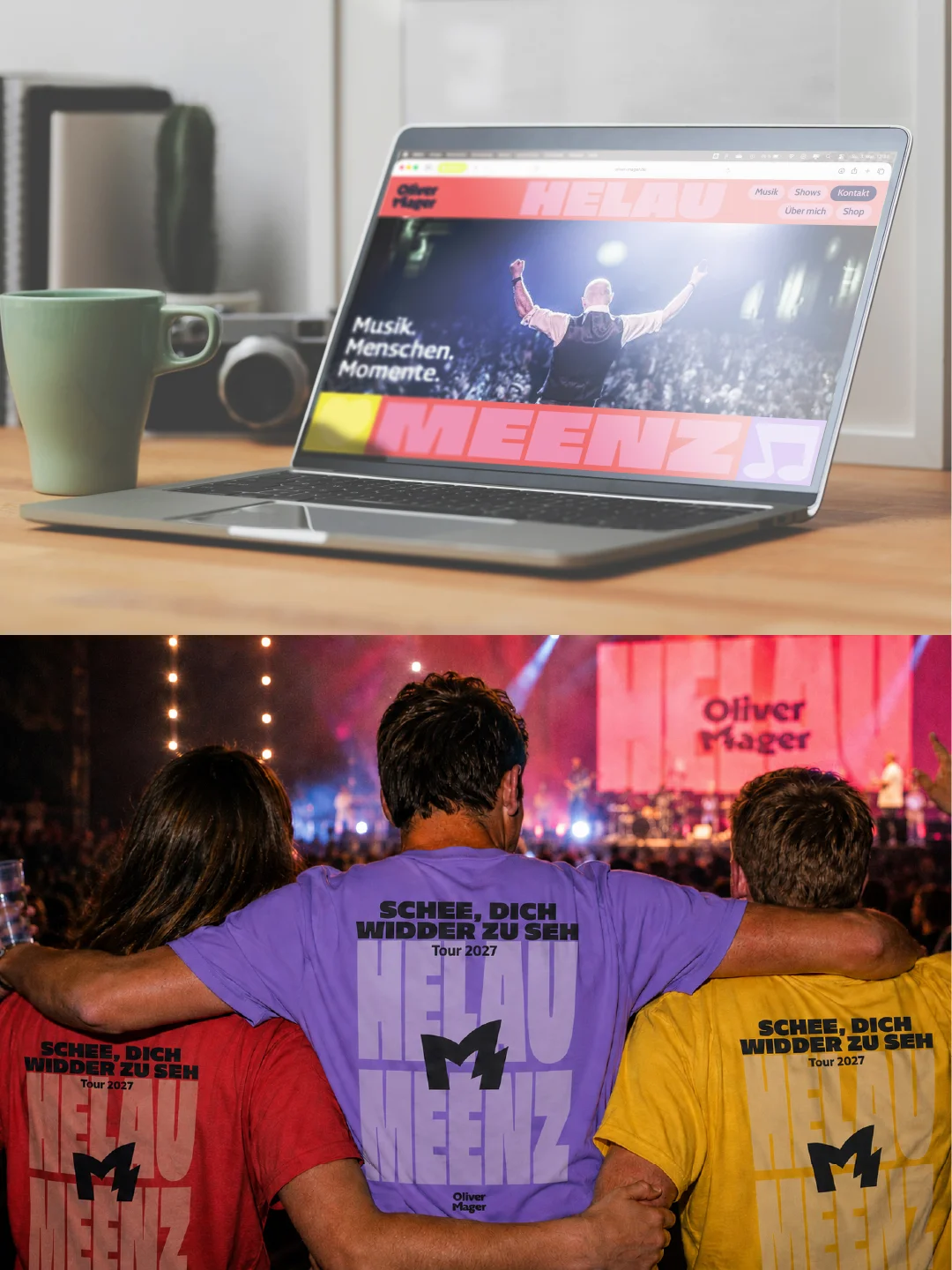 Oliver Mager Website-Mockup und Fans in Band-Shirts