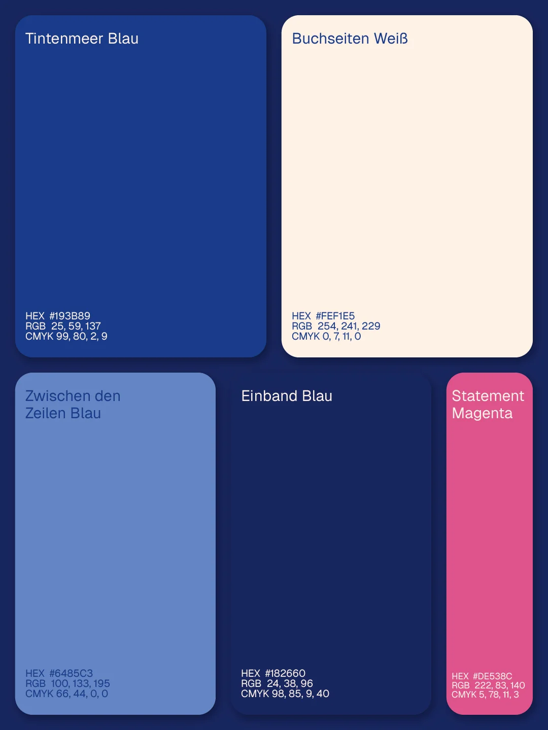 Farbpalette: Tintenmeer Blau, Buchseiten Weiß und weitere Akzentfarben
